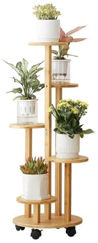 KEBMCHN Supporto per fiori in bambù con rotelle, 5 ripiani, 88 cm, per balcone, angolare, in legno, per piante, per esterni, telaio Ø 31.5 cm (colore legno)
