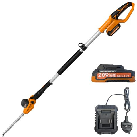 Cordless Pole Garden Trimmer - Cordless Hedge Trimmer Long Reach up to 2.6m - Heavy Duty 16mm Teeth - 420mm Blade - Lightweight Hedge Trimmer - Includes 20v Battery & Charger - Gardening tools