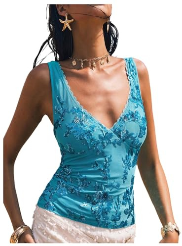 MakeMeChic Women's Y2k Sparkly Sequin Tank Tops Floral Sexy V Neck Lace Crop Party Top Blue Small