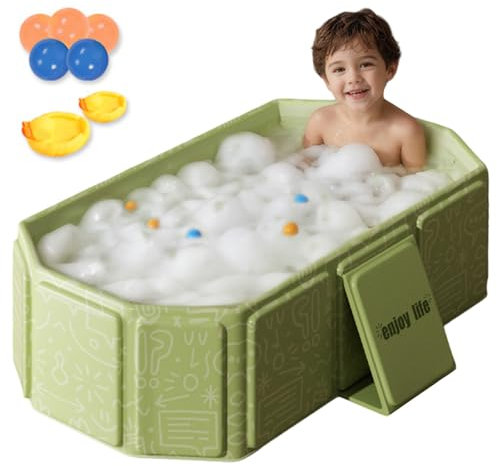 Collapsible Baby Bathtub Foldable Infant Tub, PVC Collapsible Bath with Drain, Support Feet & Toys, 29.5x17.7x9.8 for Kids 0-8Y