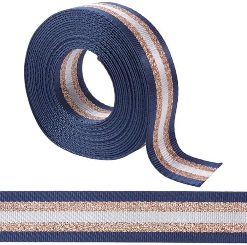 GORGECRAFT Correa de Nailon Resistente de 38mm con Rayas Blancas Y Doradas Metálicas de 5 Yardas Correas de Mochila Cinturón de Nailon Azul Prusiano para Manualidades de Costura Asas de Bolso