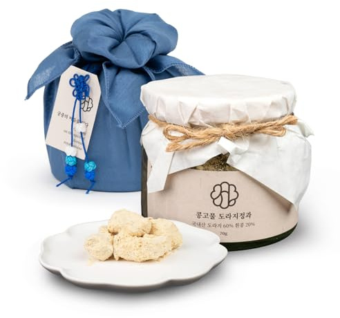 SEOGA Soft dried Bellflower root with soybean powder Jeongkwa(70g x 1 bottle) with Blue Bojagi - Premium Korean Dessert Gift Wrapped in traditional Bojagi - Naturally Sweet, Eco-frendly, 70g