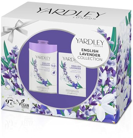 Colección de jabón y polvos corporales de lavanda de Yardley London, pastilla de jabón perfumada, polvos corporales 94 % naturales, suave fragancia floral, set de regalo para el cuidado corporal