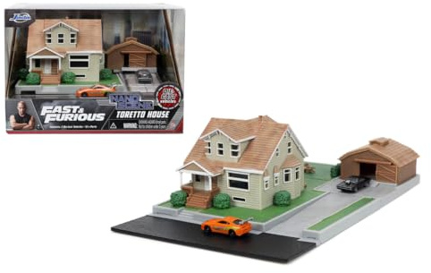 Jada Toys Fast & Furious Casa de Dom Toretto con Garaje y 2 Nano vehículos, Diorama a Escala 360°, Incluye Dodge Charger y Toyota Supra, Modelo metálico para Fans a Partir de 8 años (9333668314R00)