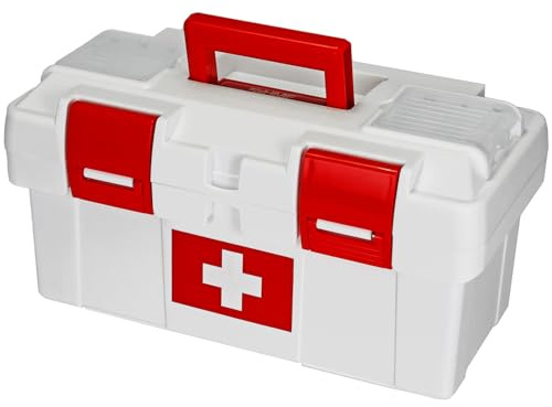 HMF Botiquín de primeros auxilios para almacenamiento de medicamentos, vacío, para club deportivo, empresa o hogar, 37 x 20 x 18,5 cm, color blanco y rojo
