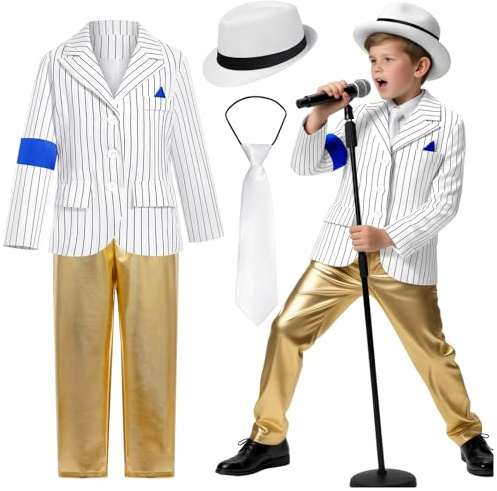 Boys Pinstripe Suit Costume Gold Shiny Pants Jazz Dance Outfit Stage Performance Set with Hat Tie Formal Party Dress Up Clothes Concert Singer Fancy Dress for Kids Boys Show Event