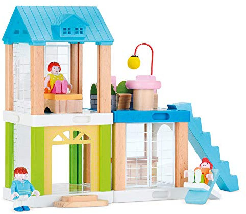 WOOMAX - Casa de muñecas de Madera, 21x10,5x23,5 cm, casa Modular, Incluye 3 muñecos, 2 Alturas, casa muñecas de Madera, Juego motricidad Fina 3 años, + 3 años, (46443)