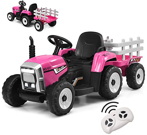 GOPLUS Tracteur Electrique Enfants avec Remorque 12V, Phare à LED et Musique, Voiture Electrique Enfants avec Télécommande Parental pour Enfants 3 Ans+, Charge Max 30KG(Rose)
