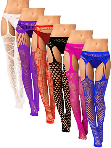 Syhood 6 Pairs Women Fishnet Suspender Stockings Thigh High Garter Stockings Lace Tights Pantyhose for Women Halloween Costumes(White, Purple, Bright Red, Black, Rose, Navy Blue)