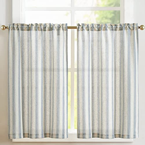 TOPICK Set med 2 linneduker med strimlor - Genomskinliga - För café - För små fönster, kök, badrum, vardagsrum - 65 x 90 cm (b x h) - Blå på beige