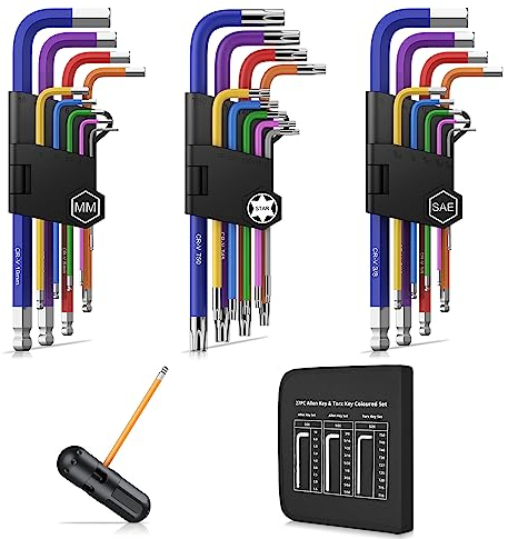 COLFULINE 27PCS Innensechskantschlüssel Set, Metrisch/SAE/TX Innensechskant Satz bunt, Sechskantschlüssel Set mit Kugelkopf, T-Griff, Profi Schlüsselset Satz mit Klapphalter