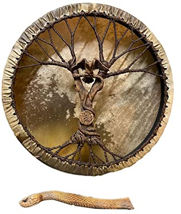 A/R Tamburo Sciamano Fatto a Mano con Bacchetta, Design della Decorazione dell'Albero della Vita, Tamburo con Struttura in Legno per Musica Spirituale, Equilibrio dei Chakra