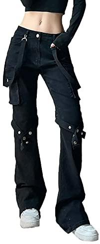 Gothic Hose Damen Schwarz ,Punk Hose Damen,Jeanshose Damen High Waist Cargohose Baggy Steampunk Retro Mittelalter Hose Jeans Lose Cargo Hosen Track Pants Streetwear Party Halloween Karneval Kleidung