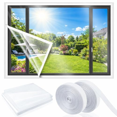 Beeveer 47 x 63 Inch Adjustable Window Insulation Kit for Summer Heat Cuttable Window Plastic Keep Warm in Winter Cool in Summer Transparent Film with Adhesive Straps Reusable Winterizing Cover