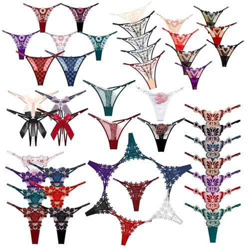 abandi G String Thongs for Women Sexy Assorted Floral Lace Bow-Knot Panties Variety 15 Pack Adjustable T-Backs Tangas