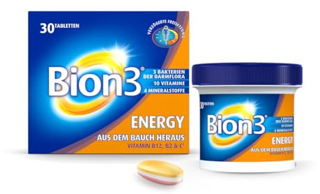 Bion3 Energy Multivitamin Vitamin B2, Pantothensäure, B12 & C zur Unterstützung des Darms(*2), körperliche und mentale Energie, Anti-Müdigkeit(*1), 30 Tabletten