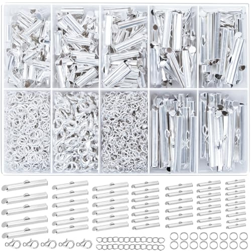 EuTengHao Slider Clasp Kit Sicken Tubi Slide Cord Ends con chiusura a aragosta, set per la realizzazione di collane e bracciali (6 misure, argento chiaro)