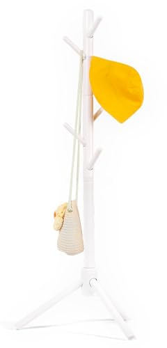Relquorax Perchero de madera de haya para niños, soporte de altura ajustable con 9 ganchos, organizador de ropa infantil independiente para pasillo, dormitorio, fácil montaje (blanco)