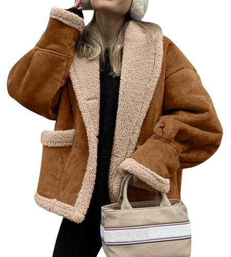 loveimgs Veste oversize en cuir doublé Sherpa pour femme, fausse suède, polaire et peau de mouton
