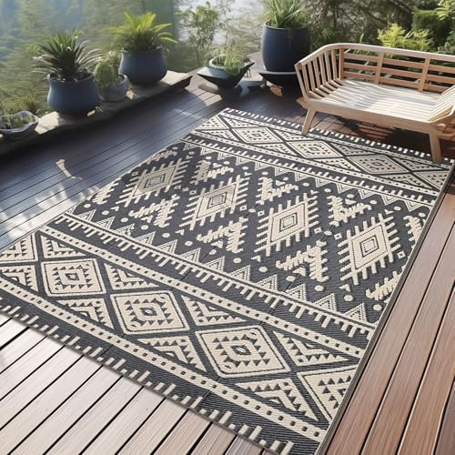 Homaxy Waterproof Outdoor Rug, Anti-slip Reversible UV Resistant Garden Rugs, Easy Cleaning Carpet Patio Area Rugs for Camping, Deck, Beach, Picnic, Backyard (120 x 180 cm, Black & Beige)