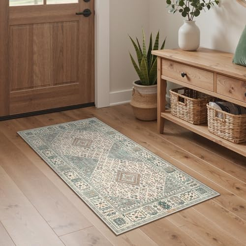 GENIMO Runner Rug 80x150cm,Washable Oriental Ethnic Pattern Rug for Hallway, No Pile Boho Carpet with Non Slip Backing for Bedroom Kitchen Balcony Landary,Green