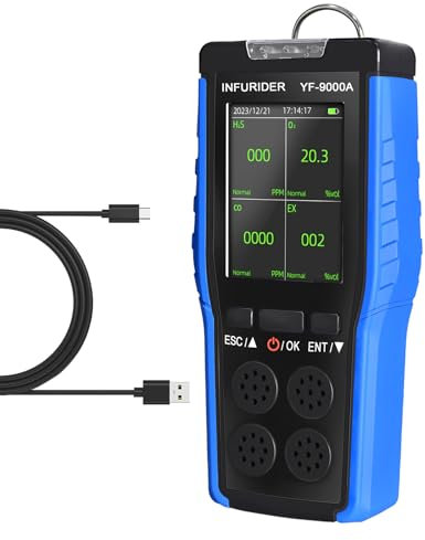 Gas Detector, 9000A Carbon Monoxide Detector for Home, CO 0-1000PPM Gas Monitor, H2S 0-100PPM, LEL 0-100%, O2 0-30% VOL Leak Detector, ±5% FS Flue Gas Tester with Alarm