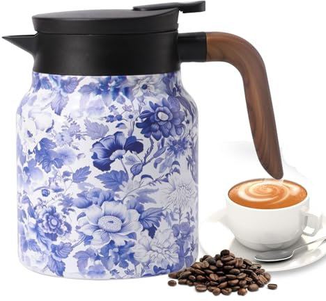 Thermal Coffee Carafe Jugs, 1L Vintage Floral Pattern Insulated Coffee and Tea Pot with Infuser, Stainless Steel Coffee Kettle Water Kettle Drink Dispenser for Home Offices