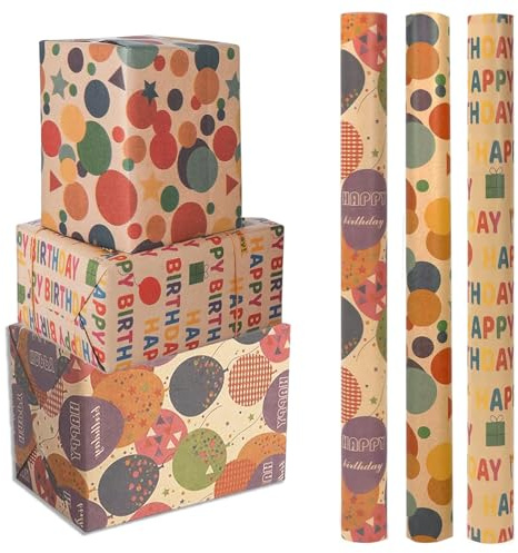 Presentpapper födelsedag 3 rullar 43 cm x 3 m, brunt kraftpapper