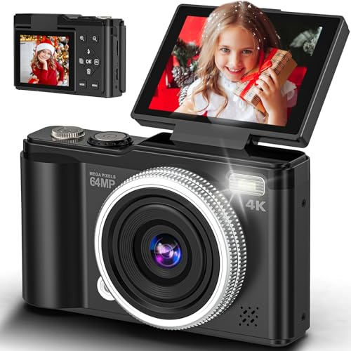 4K 64MP Digital Camera with 32GB TF Card, 180° Flip Screen Autofocus Camera with Macro Function and 16x Digital Zoom, Compact Camera with USB Cable for Teenagers Boys and Girls