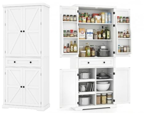 KOMFOTTEU Aparador Alto de Cocina 184 cm con Cajón (Blanco) | Mueble Buffet con Puerta, Armario Despensa con Estante Ajustable para Salón y Comedor, 77 x 40 x 184 cm