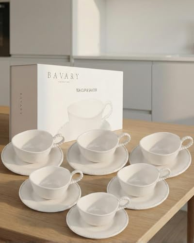 BAVARY Pearl Tazze Tè e Caffè con Piattino – Servizio Porcellana 12 Pezzi, 6 Persone – 200 ml – Design ondulato Pearl con bordo perlinato – Cappuccino, Tè e Infusi – Colazione – Bianco – Lavastoviglie