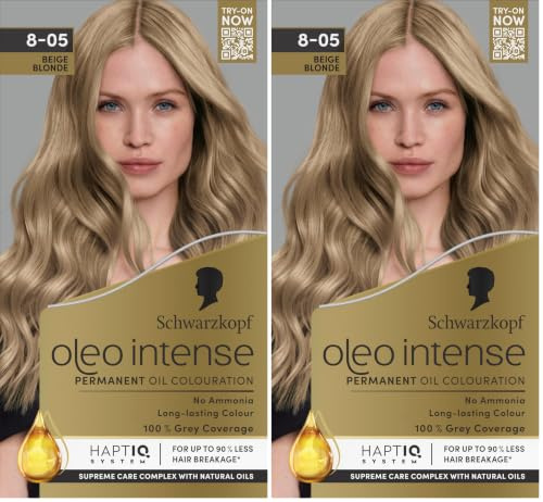 Schwarzkopf Oleo Intense 8-05 Beige Blonde Permanent Hair Dye, Ammonia-Free Hair Colour, Natural Beige Blonde Shade, Up to 100% Grey Coverage, Oil-Activated Formula (Pack of 2)