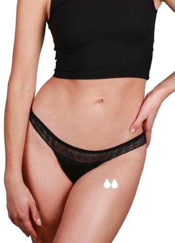 Periodenunterschwäsche Tanga - Periodenunterwäsche für leichte Blutung aus Deutschland - Perioden Tanga waschbar bis 60° - Menstuationsunterwäsche ohne Biozide bis 12 Std Schutz (40, Schwarz)