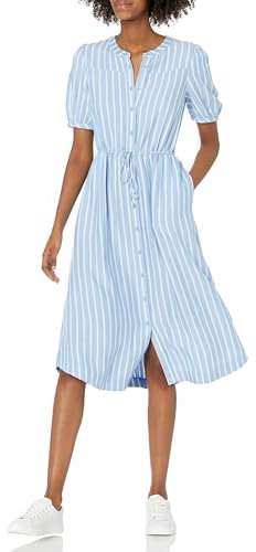 Amazon Essentials Women's Relaxed Fit Half-Sleeve Waisted Midi A-Line Dress, Blue White French Stripe, XX-Large