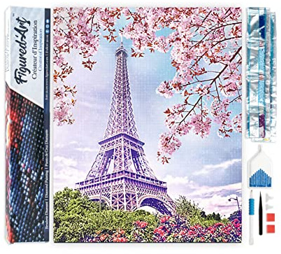 Figured'Art Diamond Painting Art 5D kit completo 40x50cm Tela Arrotolata Interamente da Ricoprire di Diamonds Quadrati - Torre Eiffel In Primavera - Pittura Diamante - Attività Creativa per Adulti
