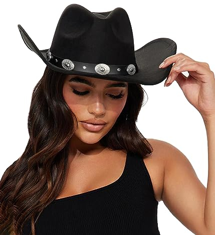 Western-Cowboyhut für Damen, mit Nieten, breite Krempe, Fedora-Hut mit Gürtelschnalle (Größe: M), Schwarz, Medium