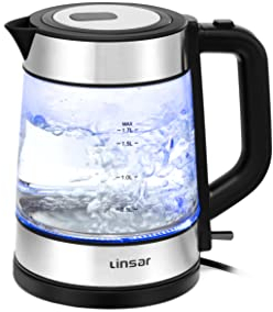 Linsar - Wasserkocher - Borosilikat Glas - 1,7 Liter - BPA-Frei - STRIX-Heizsystem - Blaue LED-Beleuchtung, Schnellkochfunktion, Kalkfilter, Abschaltautomatik und Trockenschutz - 2200 Watt