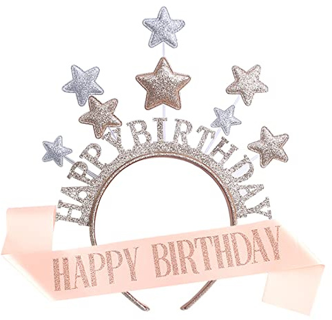 FATCAT Geburtstags Stern Stirnband und Schärpe Set, Geburtstagskrone Mädchen Haarreif Sterne, Prinzessin Glitter Haarband Schärpe Geburtstag Dekorationen