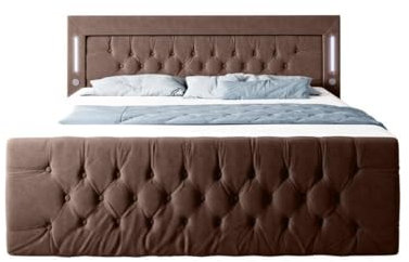 Boxspringbett Queen 200x200 Doppelbett Polsterbett Bett mit LED-Beleuchtung, USB-Anschluss und Stauraum | Bezug: Samt | Farbe: Braun | Härtegrad: H3 (70-100kg)