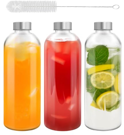 Eidoct Paquete de 3 botellas de agua de vidrio reutilizables de 1 litro, a prueba de fugas, resistente al calor, para bebidas calientes/frías, jugos, batidos y café, incluye cepillo para botellas