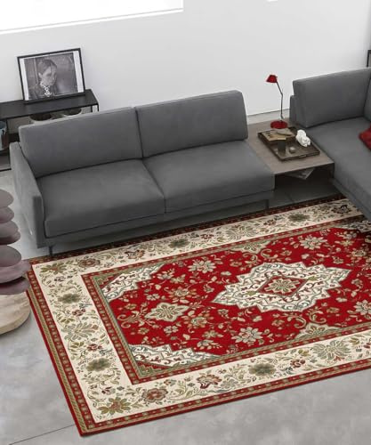 Pierre Tappeti Alfombra oriental clásica Tabriz rojo de chenilla multiusos lavable antideslizante 65 x 300 cm