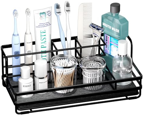 HapiRm Toothbrush Holders for Bathroom-5 Slots Toothbrush Organiser Instant Drying Stone, Stainless Steel Countertop Toothbrush and Toothpaste Holder, Tooth Brush Holder for Bathroom Accessories