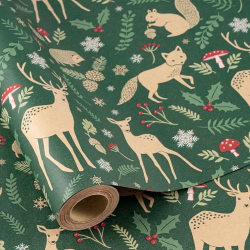 RUSPEPA Rotolo Di Carta Da Regalo Natalizia Per Bambini E Adulti,Con Animali Del Bosco Verdi E Fiocchi Di Neve, Carta Da Regalo Rustica In Carta Kraft Per Natale, Feste E Feste Invernali, 43,2Cm X 5M