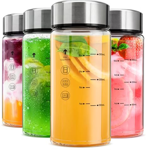 Yirilan 12 oz glass bottles with lids, 4 Pack Glass Juice Bottles, Reusable Water Bottle for Juicing, Stainless Steel Lids Juicer Bottles, Leakproof, BPA Free