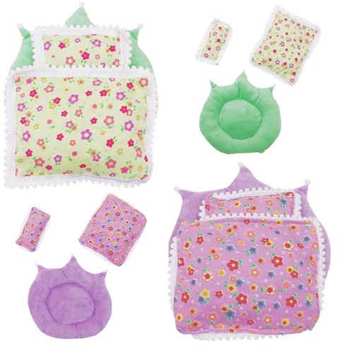 6er-Pack Baby Puppenbettwäsche für 17 cm große Puppen, Baby Puppenzubehör mit 2 grünen/lila Kissen + 2 Decken + 2 Matten, süße Babypuppenkleidung, tolles Geschenk für Kinder (ohne Puppe)