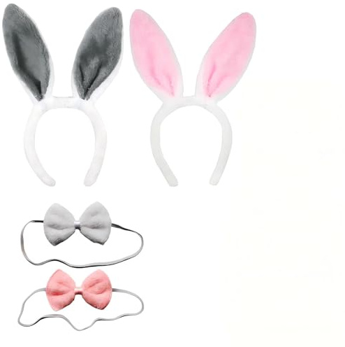Accesorios de Disfraz de Conejo 4 Piezas con Diademas Orejas Rosas y Grises y Pajaritas Blancas y Rosas para Fiestas, Carnaval, Pascua y Eventos Escolares