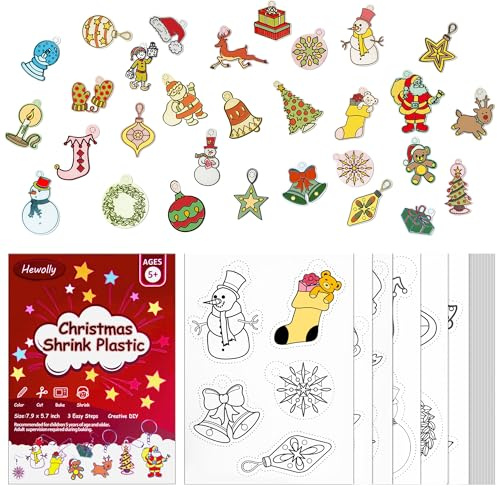 Hewolly 24Pcs Christmas Shrink Plastic Kit with 12 Pre-Printed & 12 Blank Films for DIY Tree Ornaments, Keychains, Gift Tags and Holiday Decor | Fun Family Activity & Kids Art Project