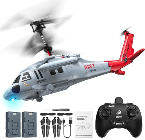 DEERC RC-helikopter, Black Hawk fjärrstyrd helikopter, 2 batterier, 2,4 GHz, 26 minuters flygtid, helikopter, enknappsstart, LED-ljus, höjdstabilisering, gåva för pojkar från 8–12