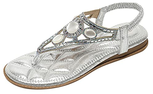 2026 Bohemian Sandals Beach Flip Flops Thong For Women Rhinestone Slingback Flat (Silver, 4.5)