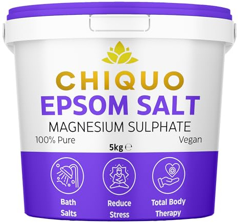 Chiquo Epsom Salt 5kg | 100% Pure Magnesium Sulfate Crystals | Resealable Reusable Tub | Bath Soak, Muscle Recovery, Foot Care | Premium Grade for Body Relaxation, Beauty, Garden Use